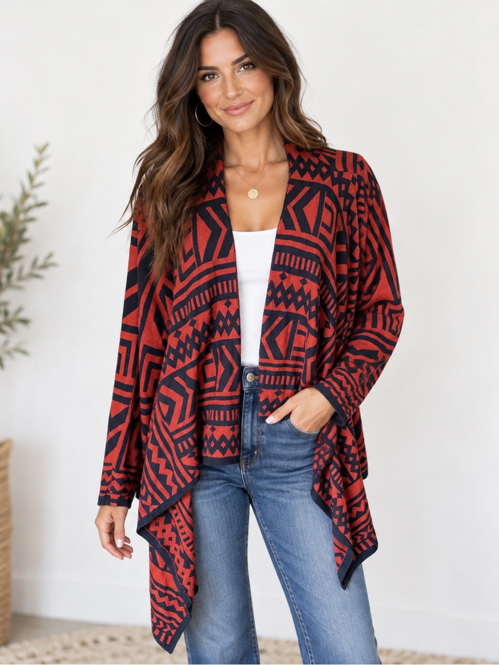 Simply Emma Geometric Patterned Open Front Sweater - Deep Orange and Navy